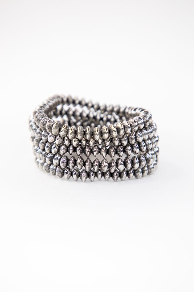 18k White Gold Plated Burnished 5 Disc Bead Stretch Bracelet Set