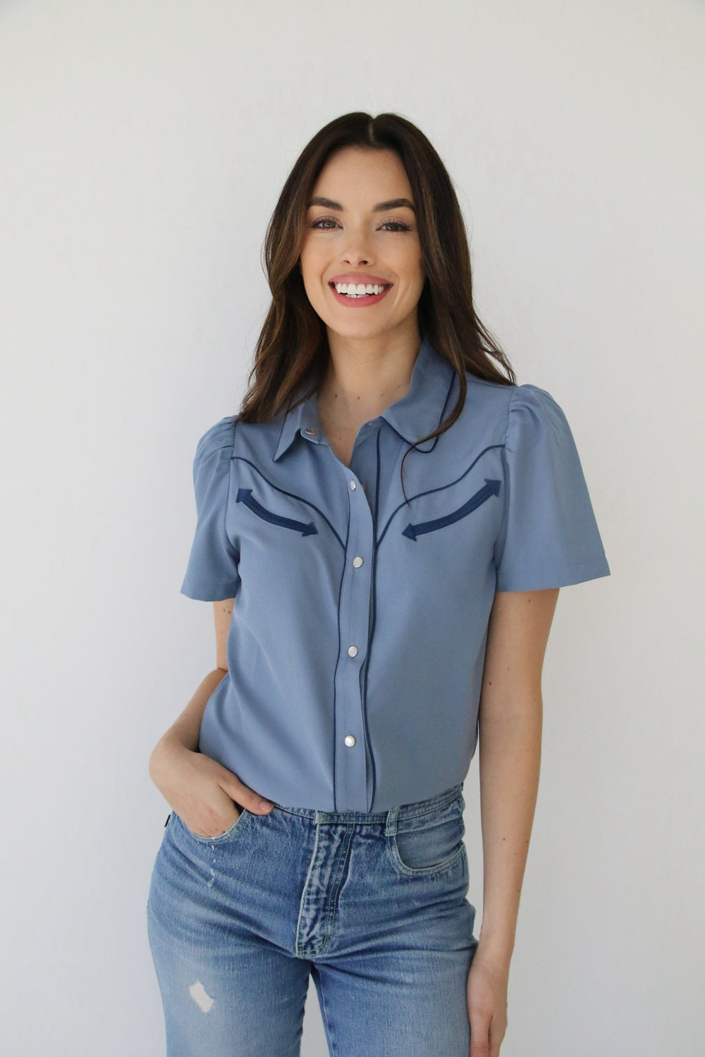 Navy Blue Short Sleeve Pearl Snap