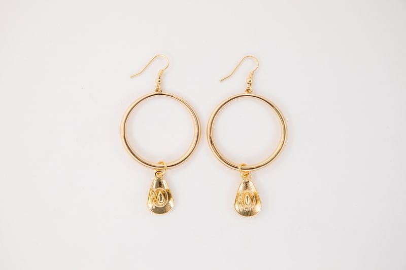 3" 18k Gold Plated Hoop Earring On Fishook With Cowboy Hat Charm