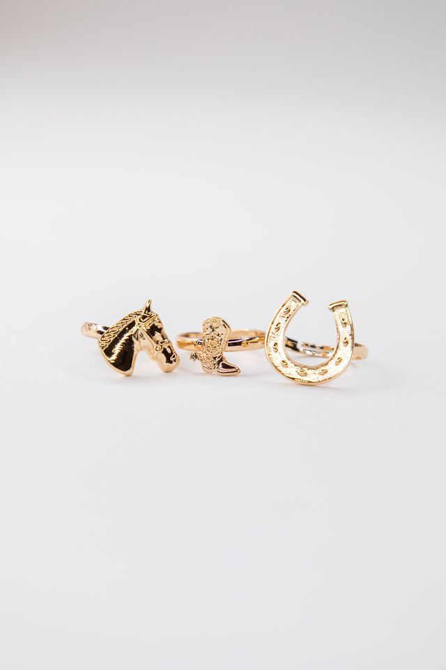 .5" 18k Gold Plated Adjustable Horse Head, Cowboy Boot And Horse Shoe Ring Set