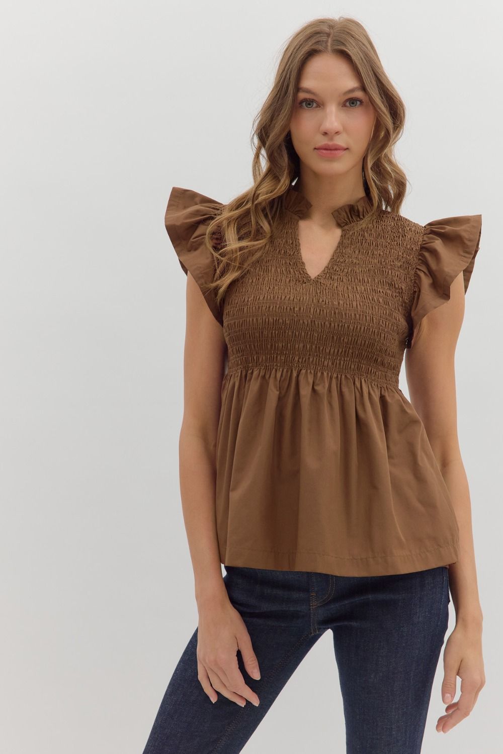 Coffee Willow Flutter Sleeve Blouse