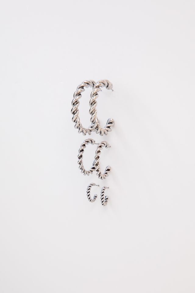 3 Pair Of 18k White Gold Plated Burnished Twisted Hoops