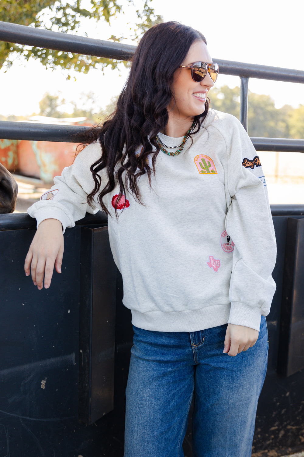 Oatmeal Western Patch Sweater