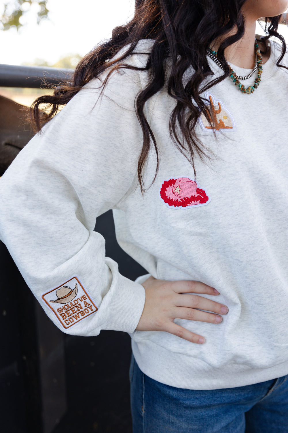 Oatmeal Western Patch Sweater