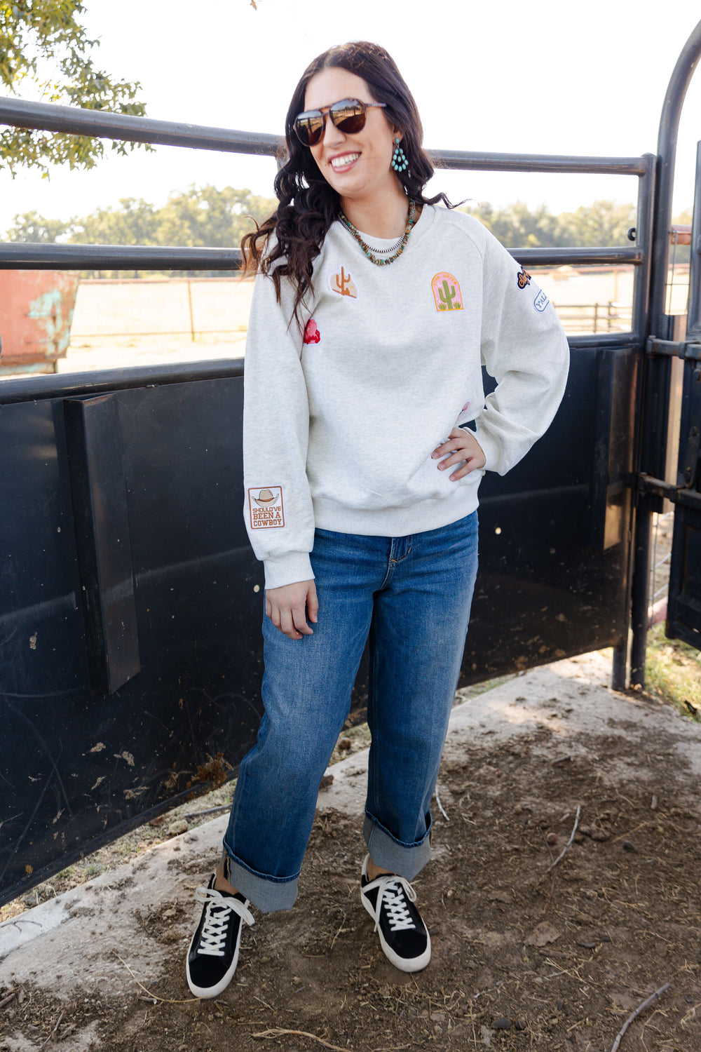 Oatmeal Western Patch Sweater