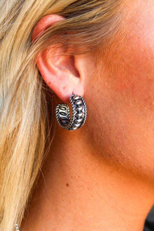 18K White Gold Plated Textured Hoop Earrings