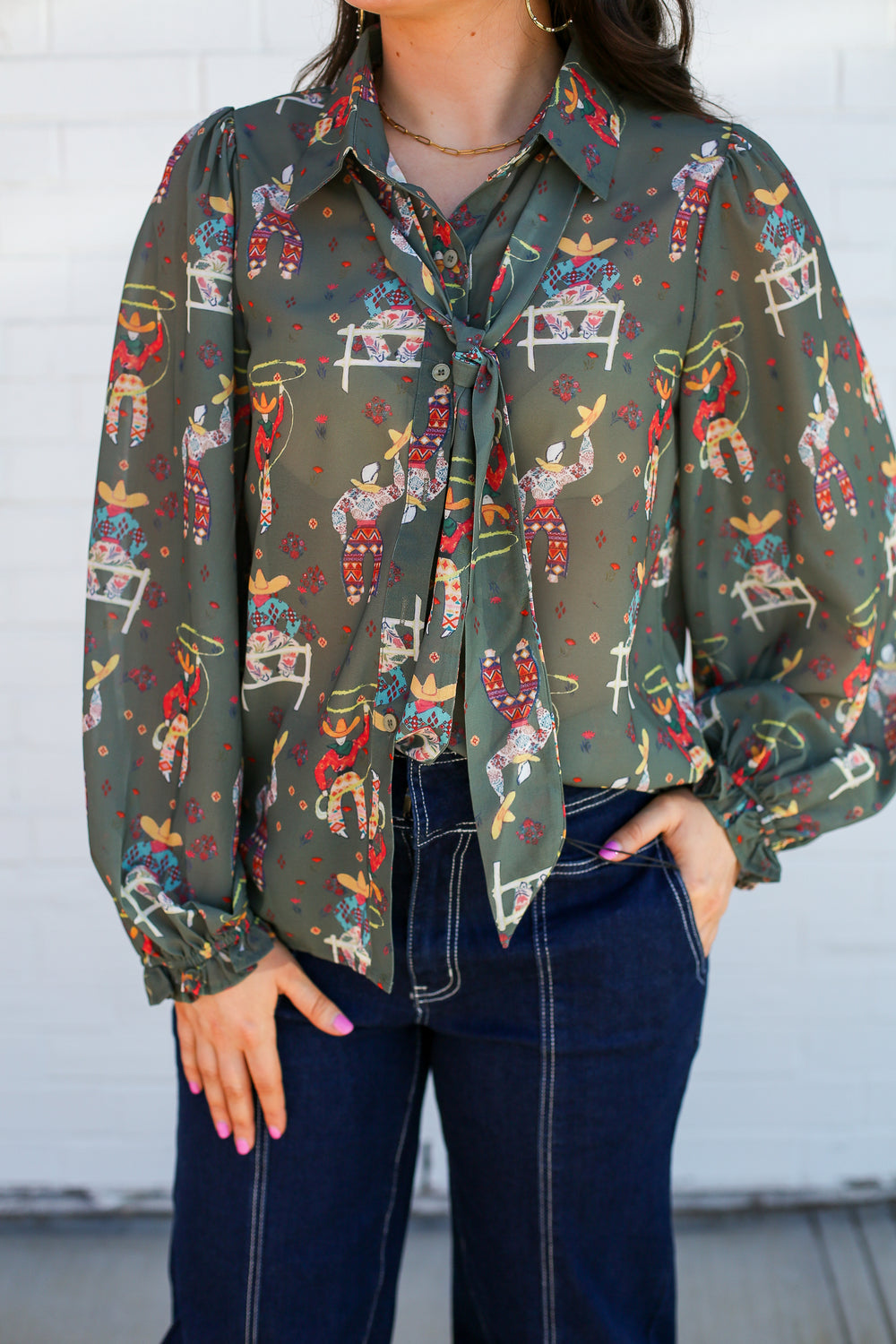 Olive Roping Cowboy Tie Top