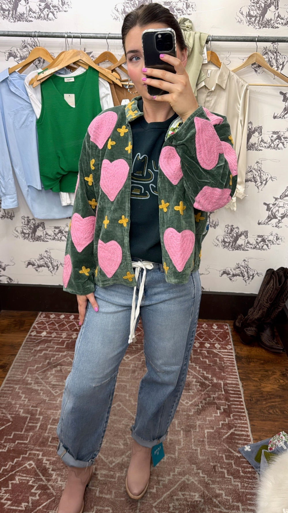 Olive with Pink Hearts Velvet Jacket