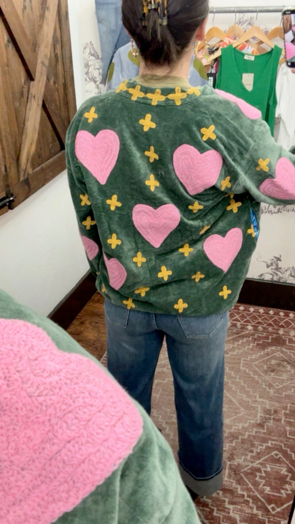 Olive with Pink Hearts Velvet Jacket