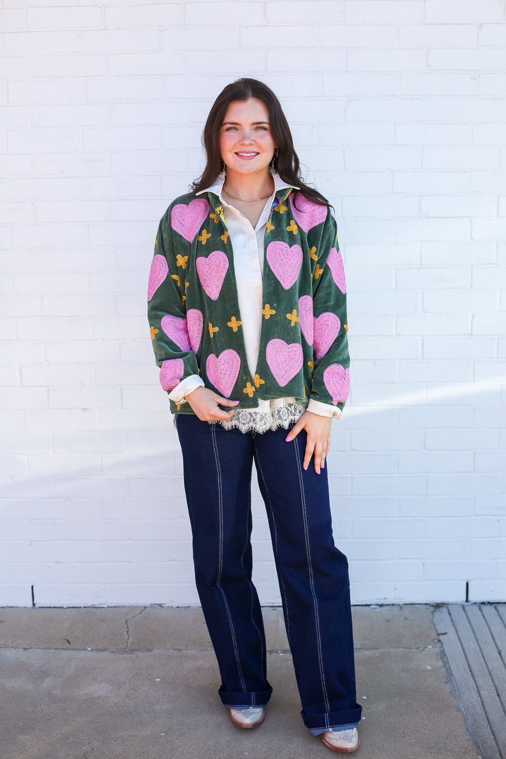 Olive with Pink Hearts Velvet Jacket