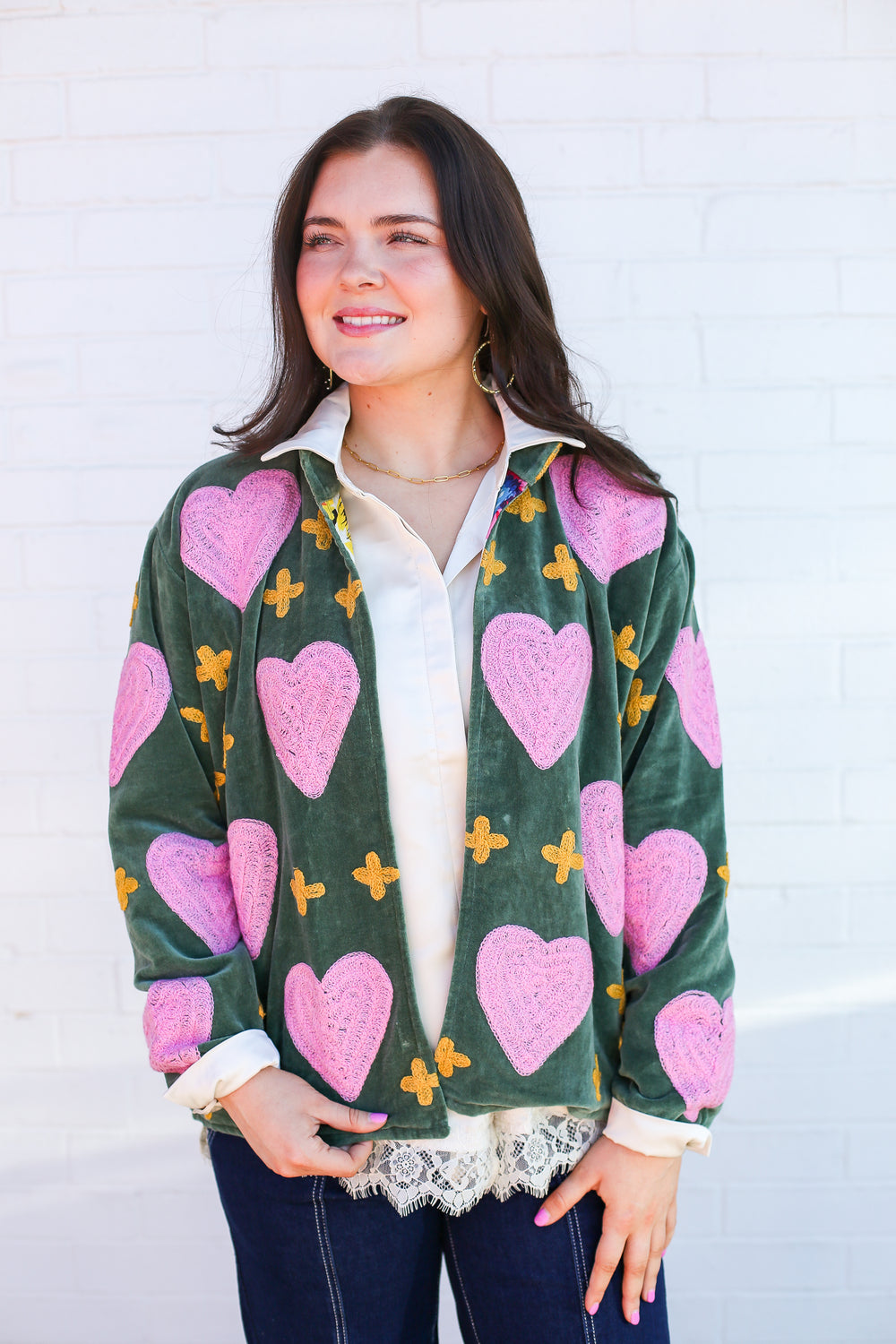 Olive with Pink Hearts Velvet Jacket