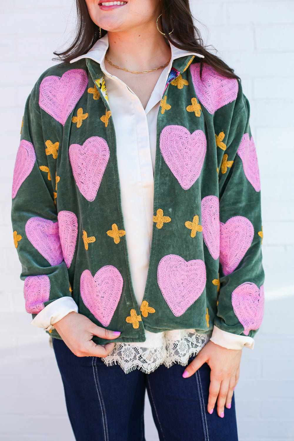 Olive with Pink Hearts Velvet Jacket