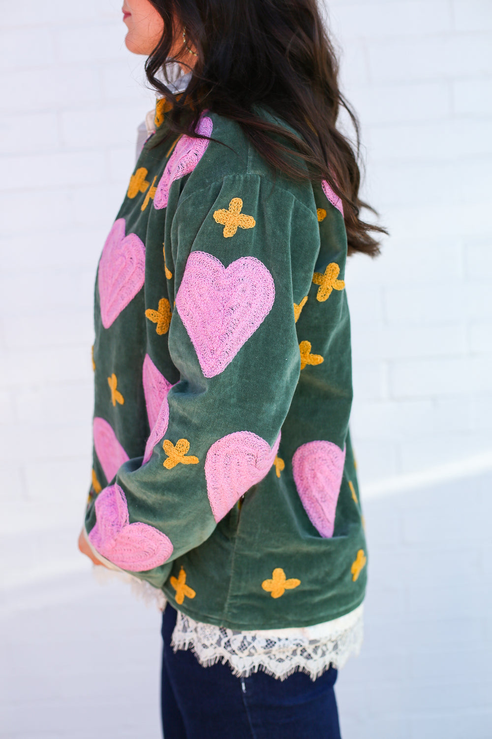 Olive with Pink Hearts Velvet Jacket