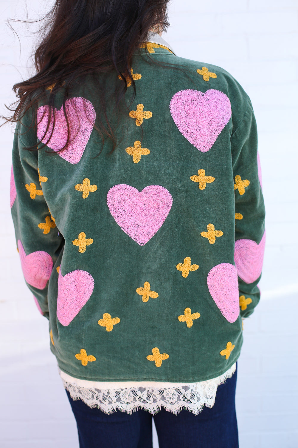 Olive with Pink Hearts Velvet Jacket