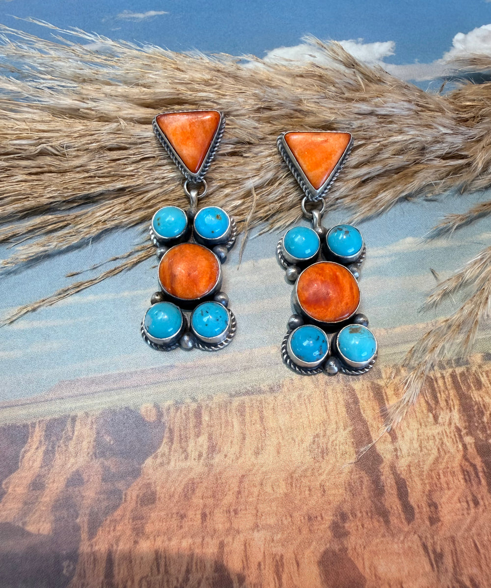 Orange Spiny and Kingman Drop Earrings