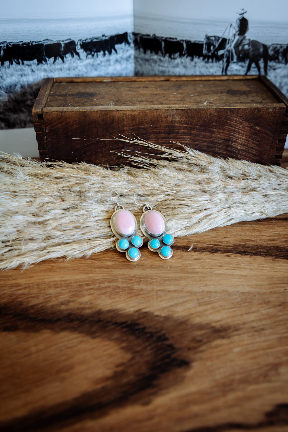 Oval Pink Conch and Turquoise Hook Earrings
