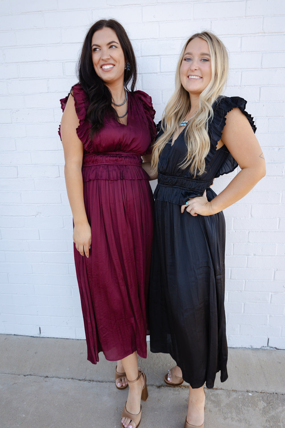 Burgundy V Neck Pleated Dress