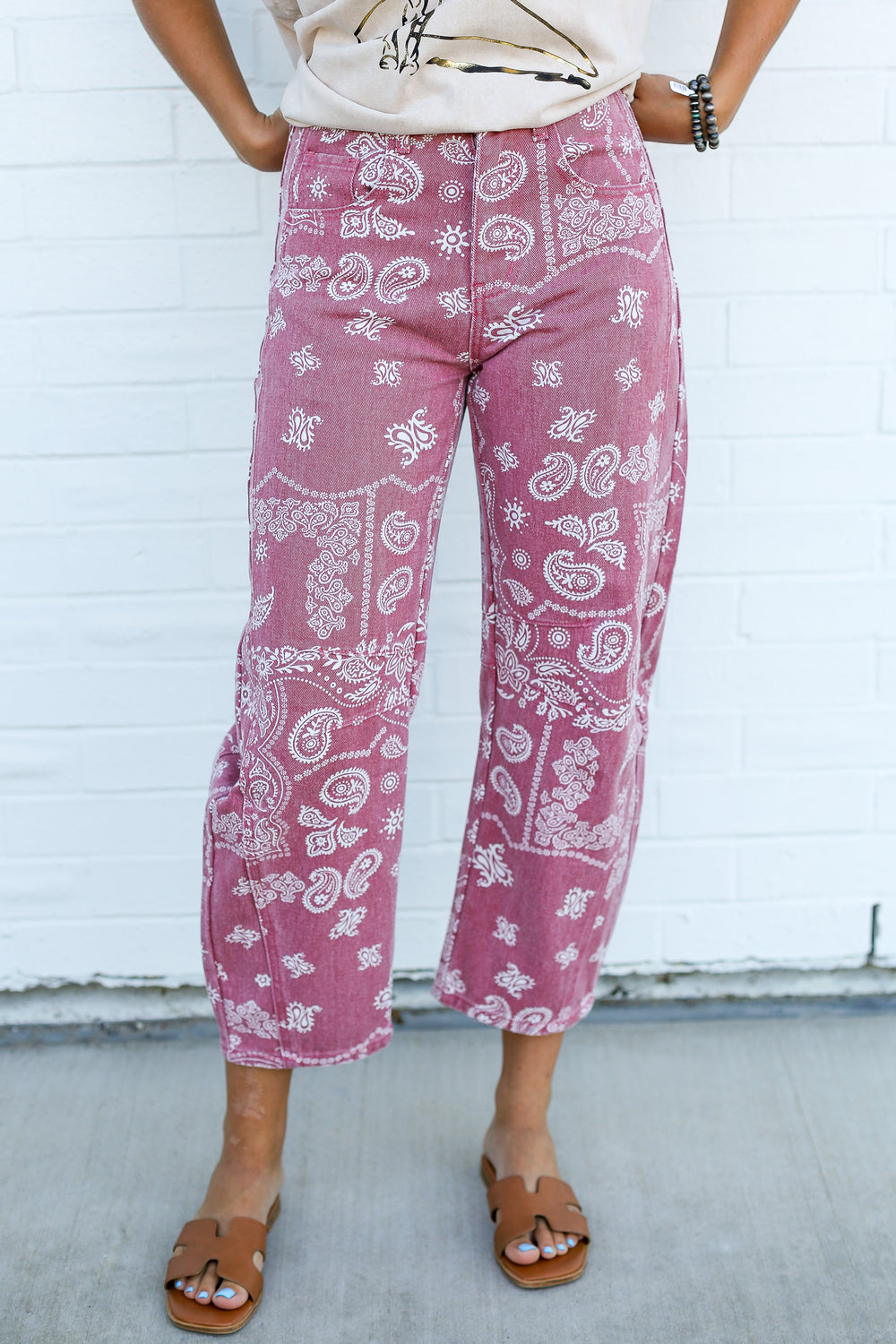 Paisley Printed Rose Denim Barrel Jeans