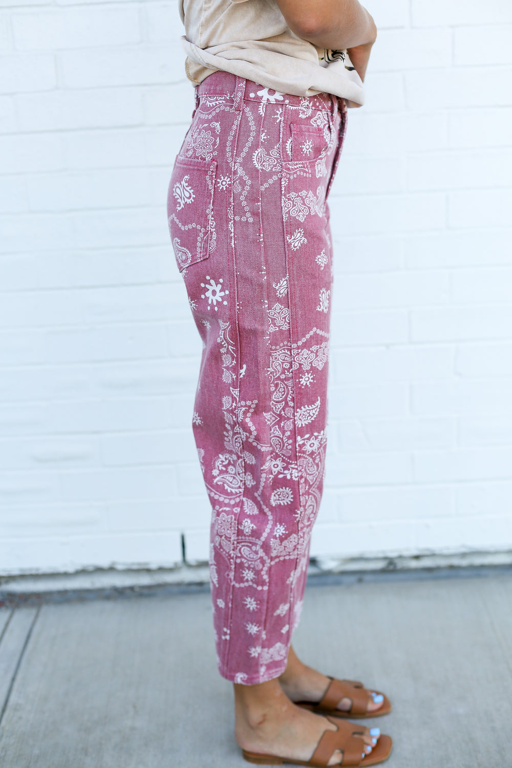 Paisley Printed Rose Denim Barrel Jeans