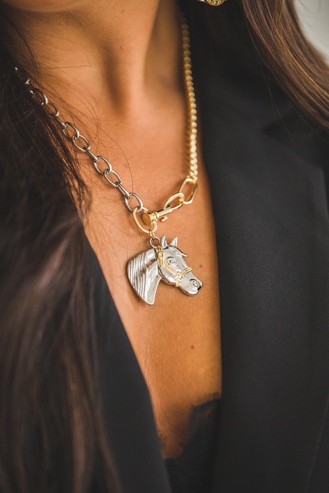 18" 18K Two Toned Plated Chain Necklace with Horse Pendant