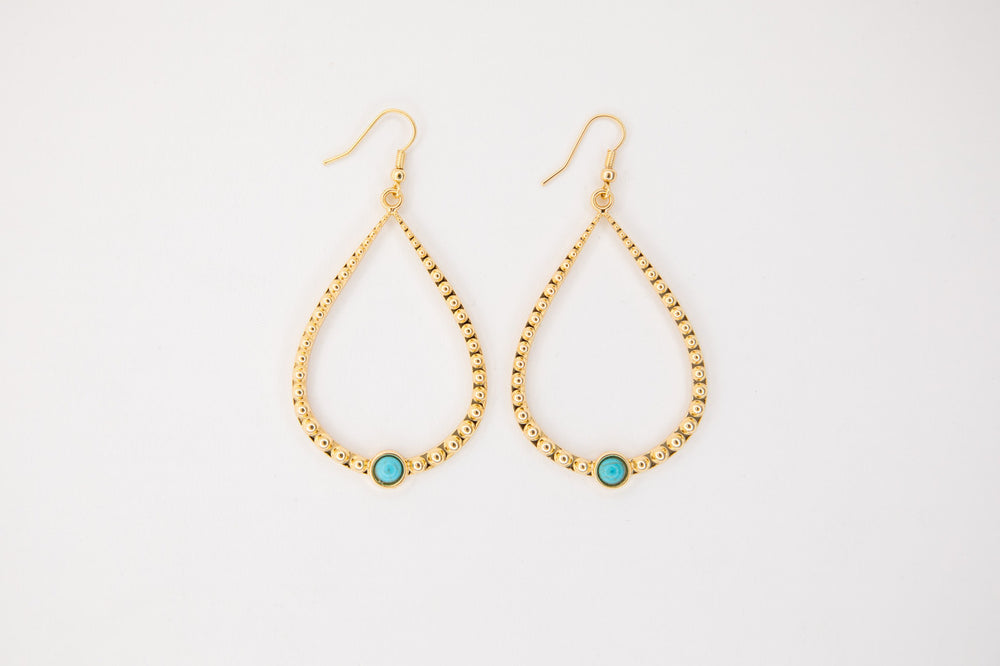 2.25" 18K Gold Plated Hammered Teardrop Earring on Fishook with Turquoise Accent