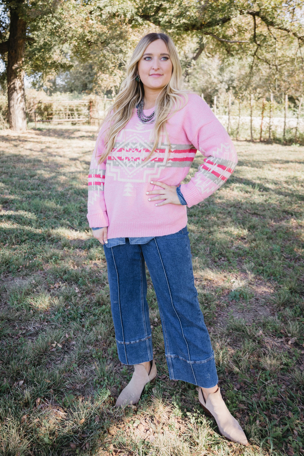 Pink Aztec Knit Sweater