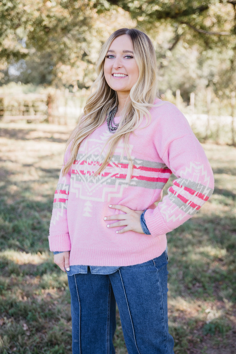 Pink Aztec Knit Sweater