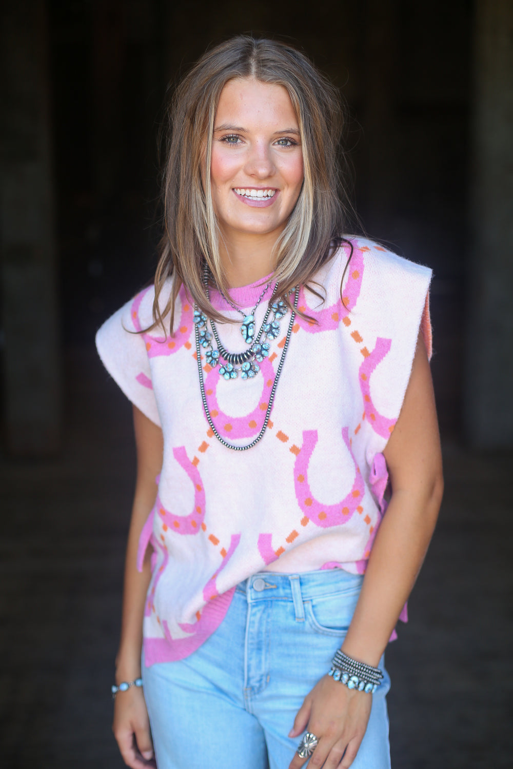 Pink Bow Tie Side Horseshoe Sleeveless Sweater