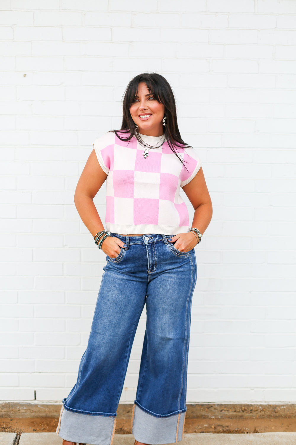 Pink Checkered Sleeveless Sweater