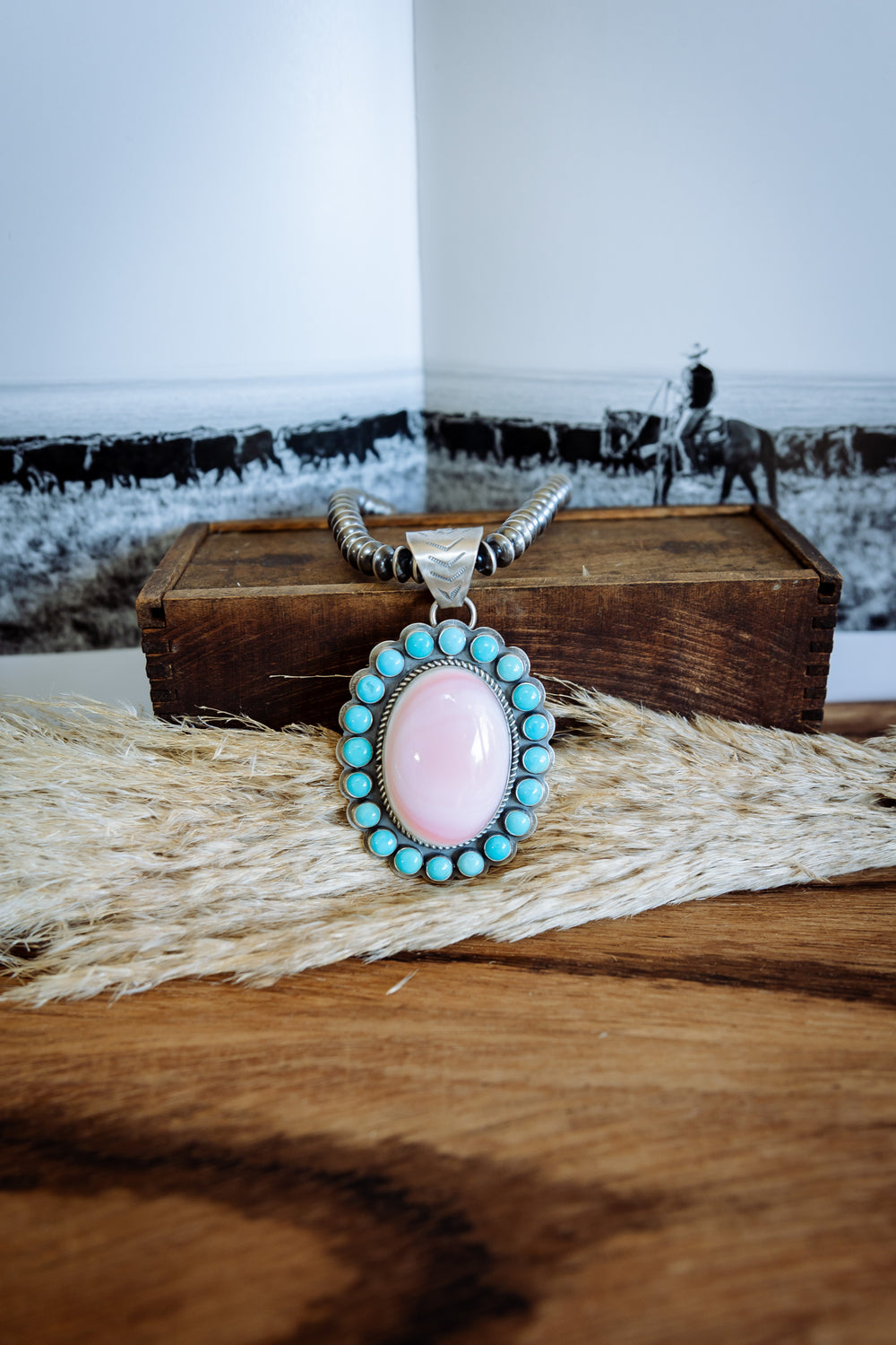 Pink Conch and Kingman Turquoise Pendant