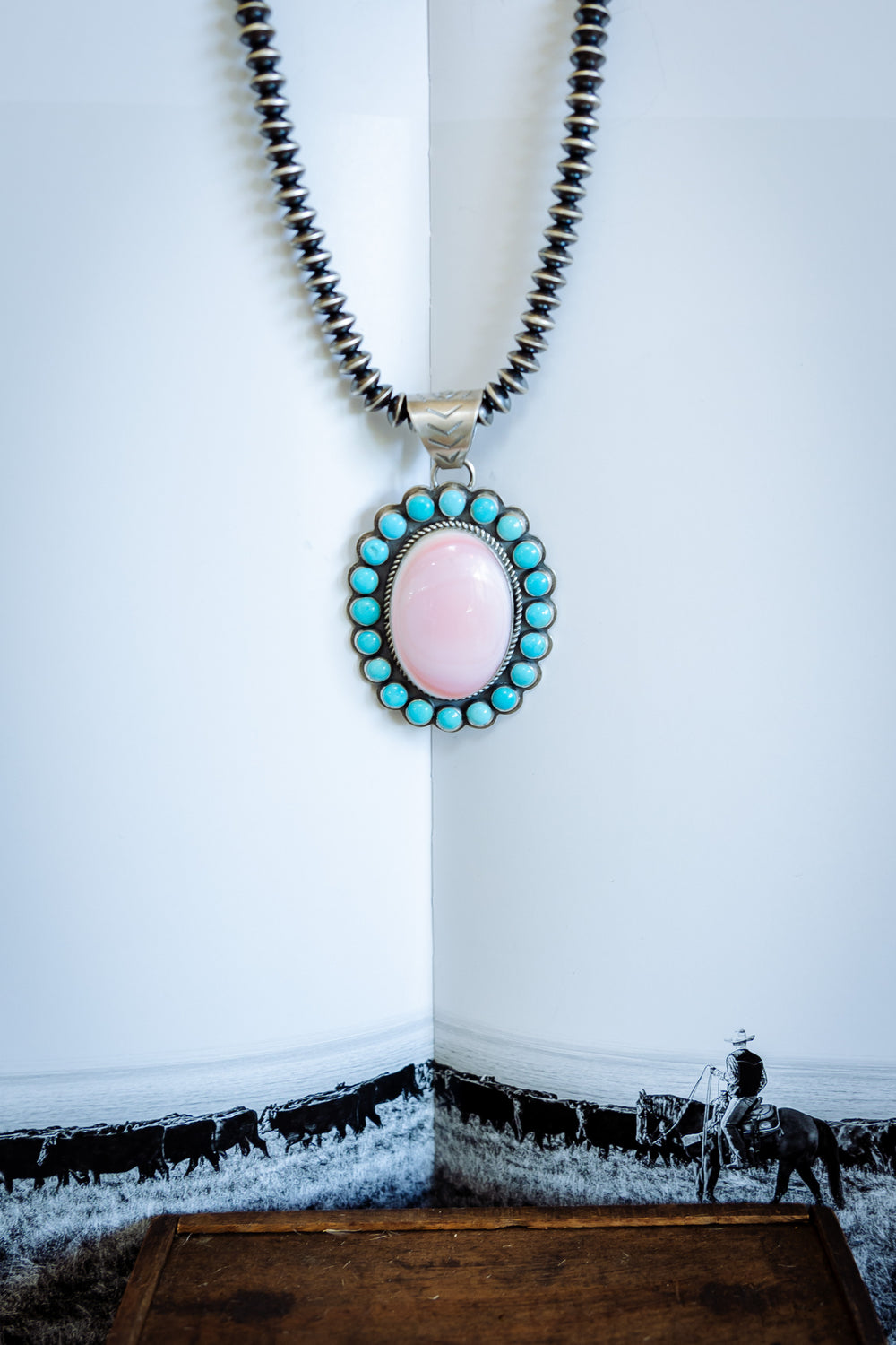 Pink Conch and Kingman Turquoise Pendant