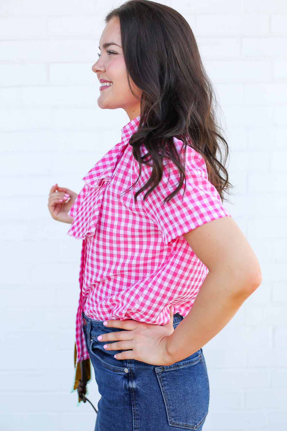 Pink Gingham Ruffled Tie Top