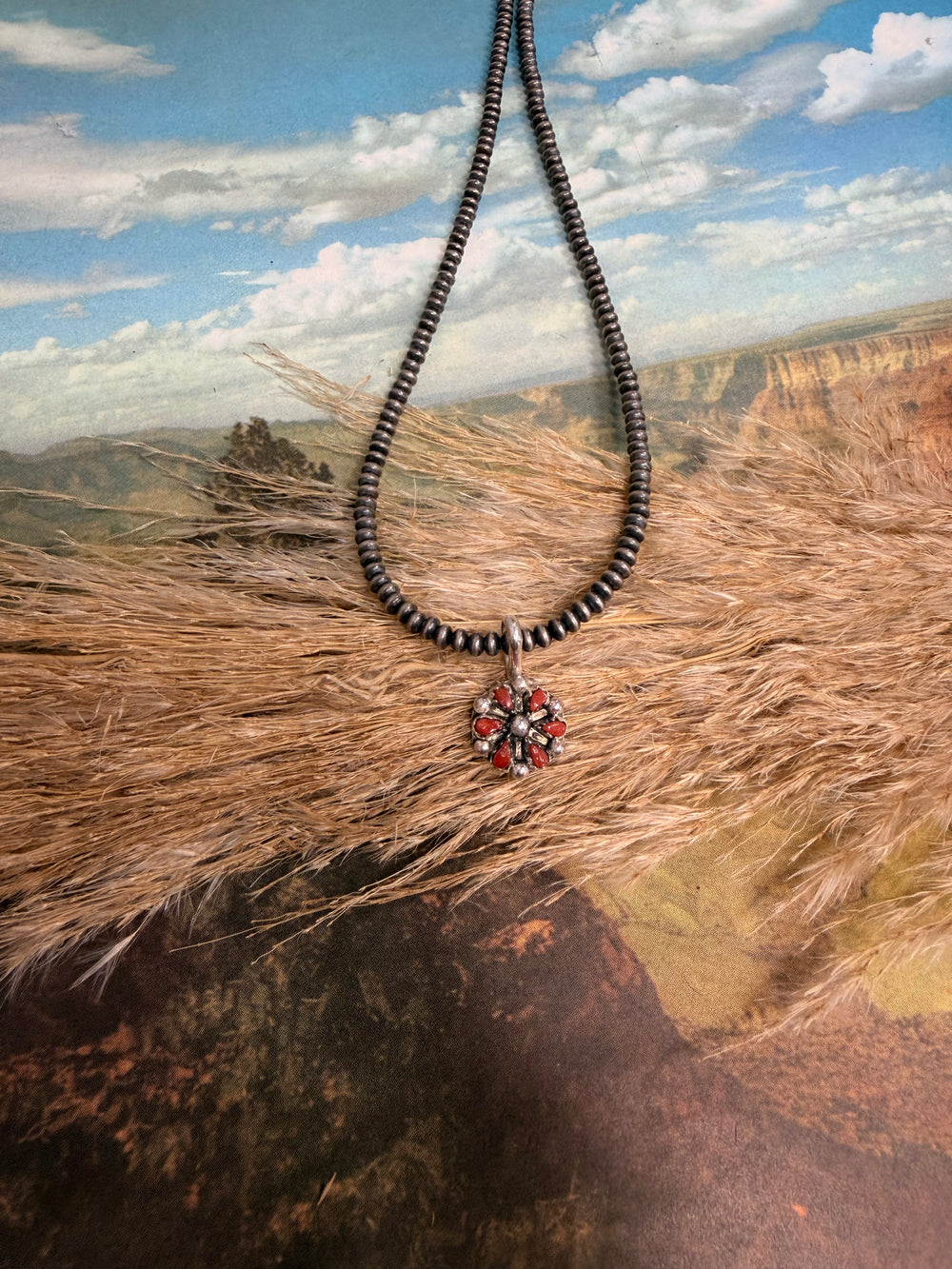 Prairie Flower Cluster Red Coral Pendant