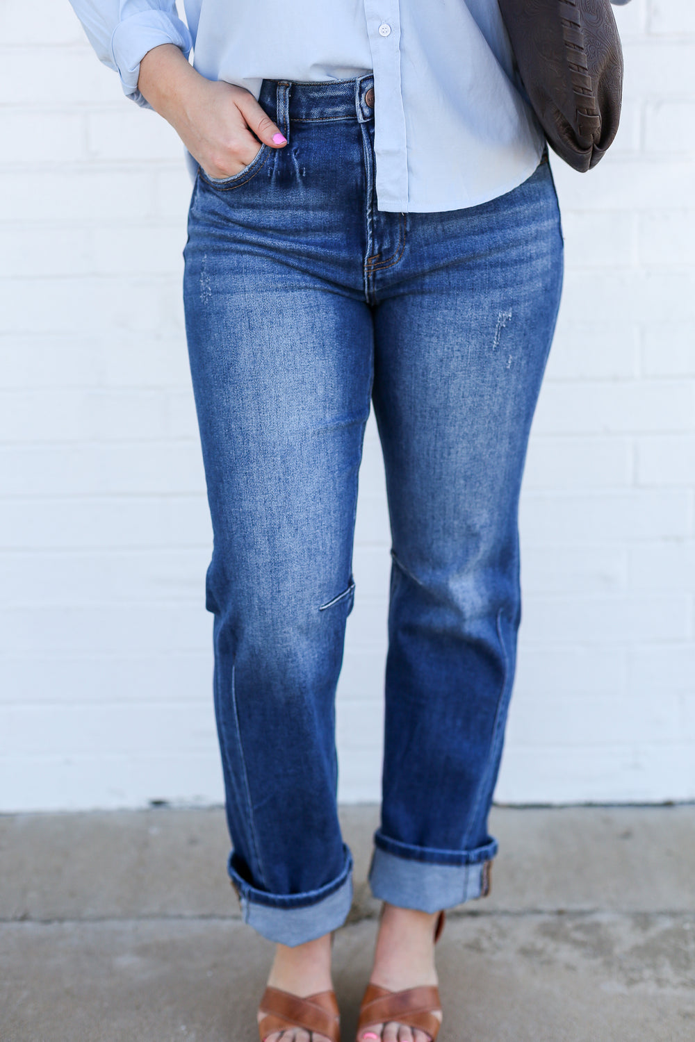 Mid Rise Straight Leg Cuffed Jeans