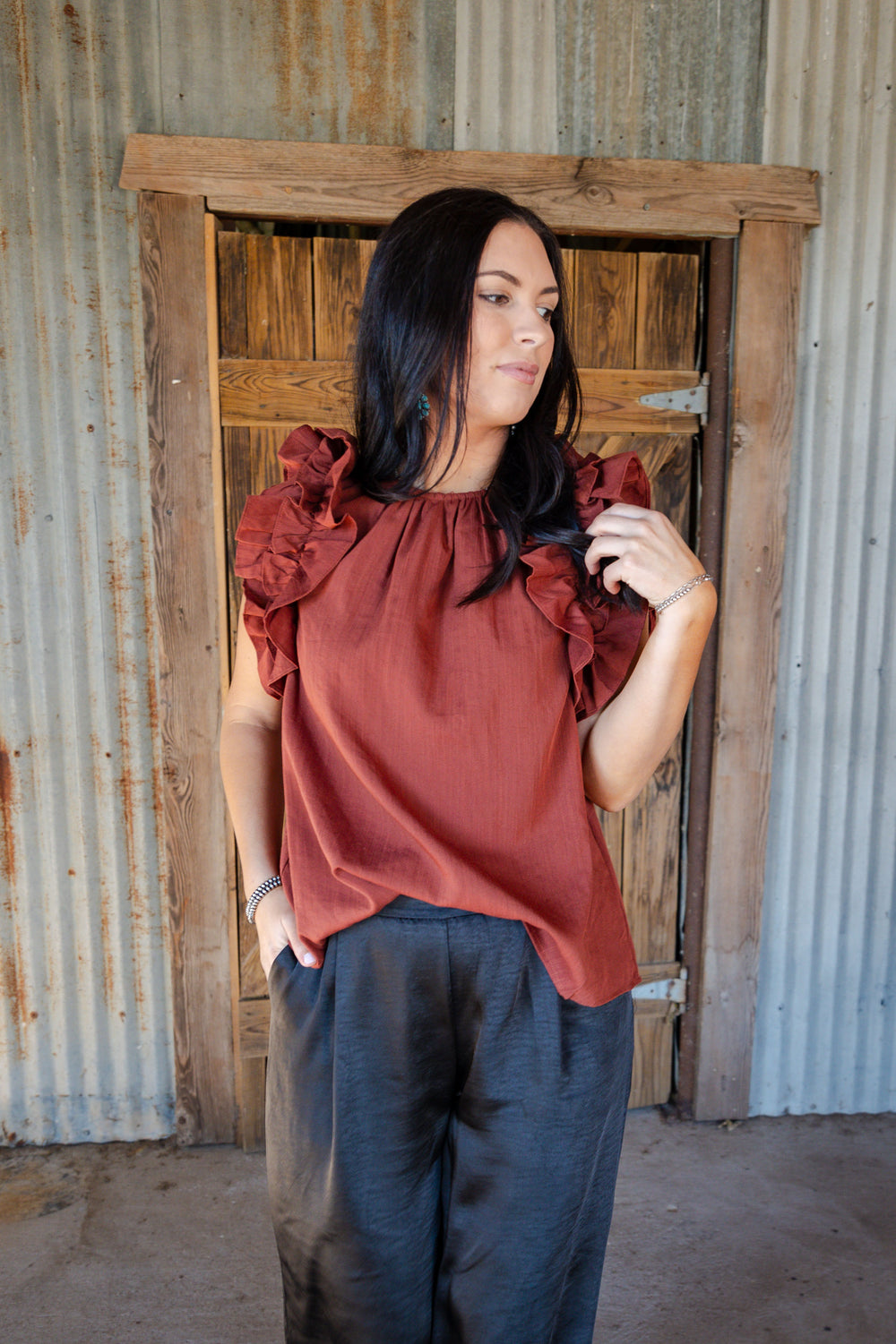 Rust Ruffle Blouse