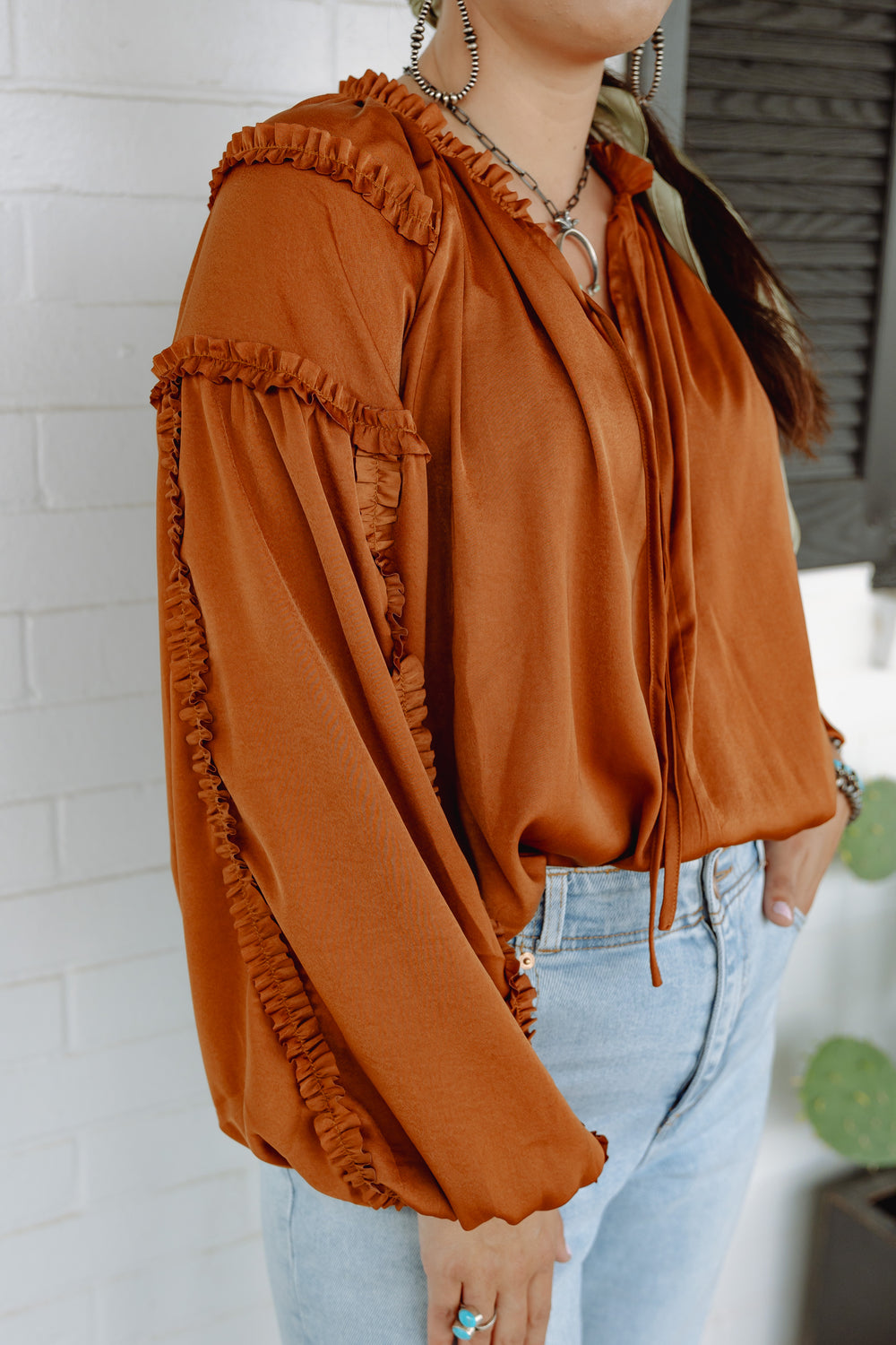 Rust Satin Ruffled Top