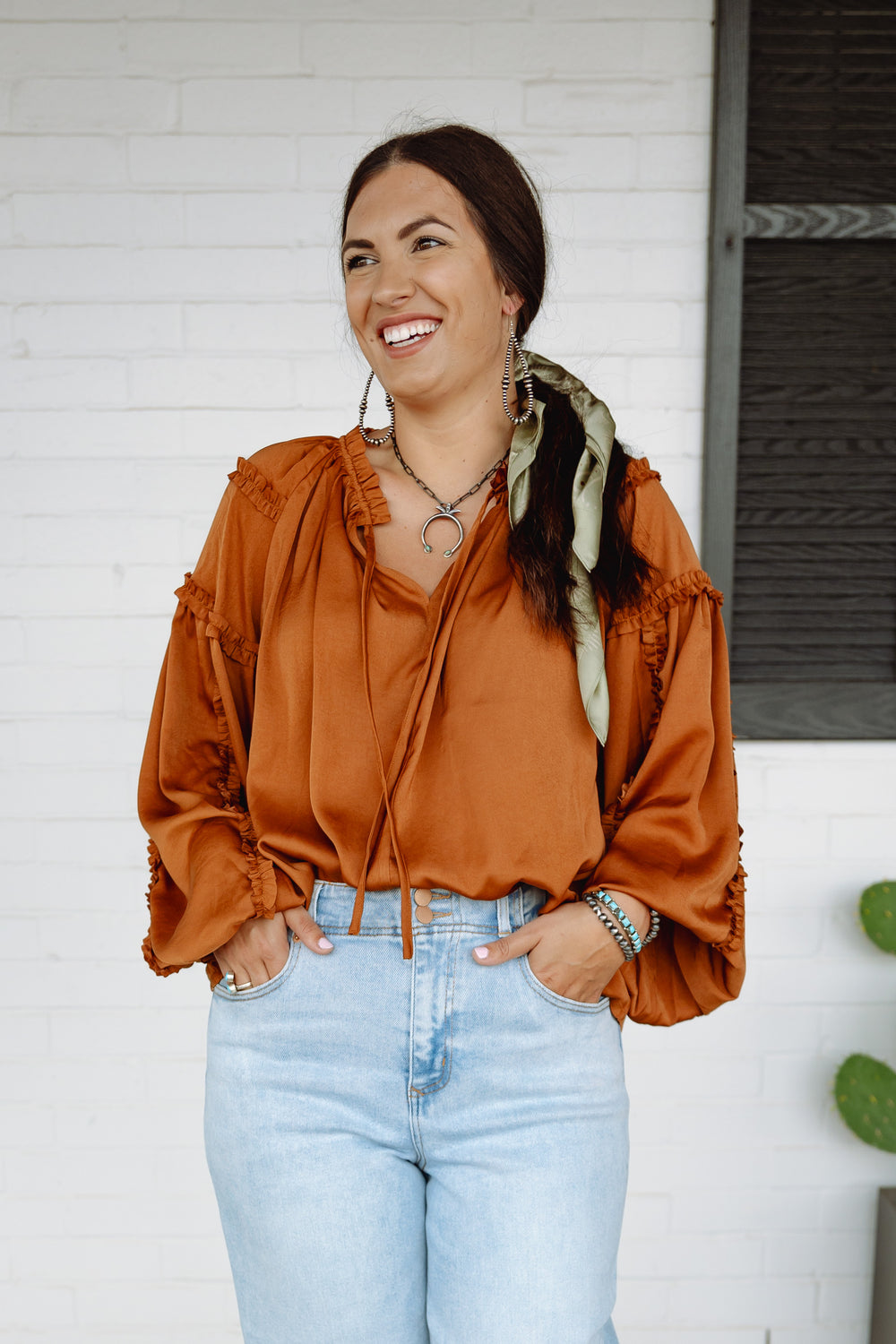 Rust Satin Ruffled Top