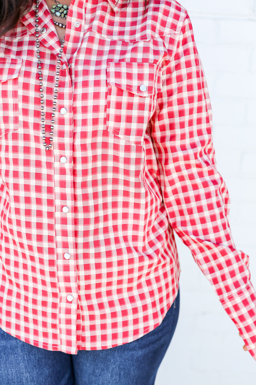 Red Gingham Ls Pearl Snap Button Down