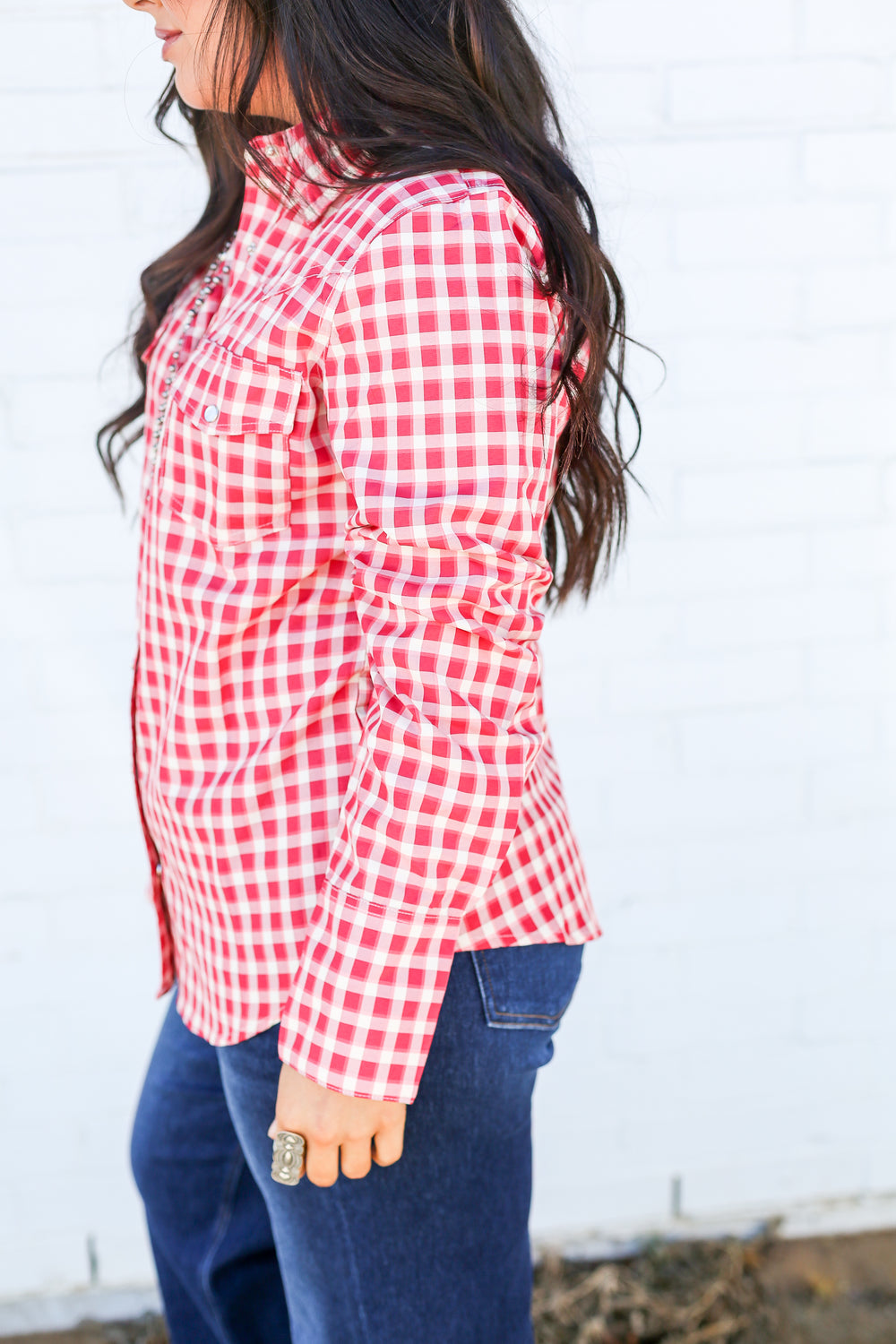 Red Gingham Ls Pearl Snap Button Down