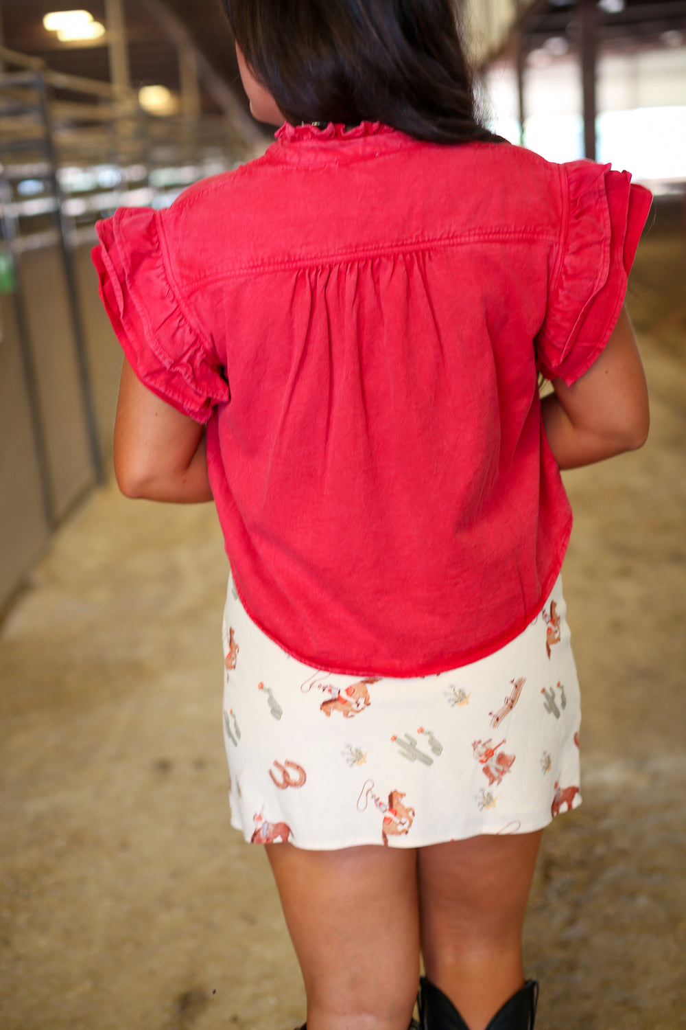 Red Ruffled Denim Tie Neck Top