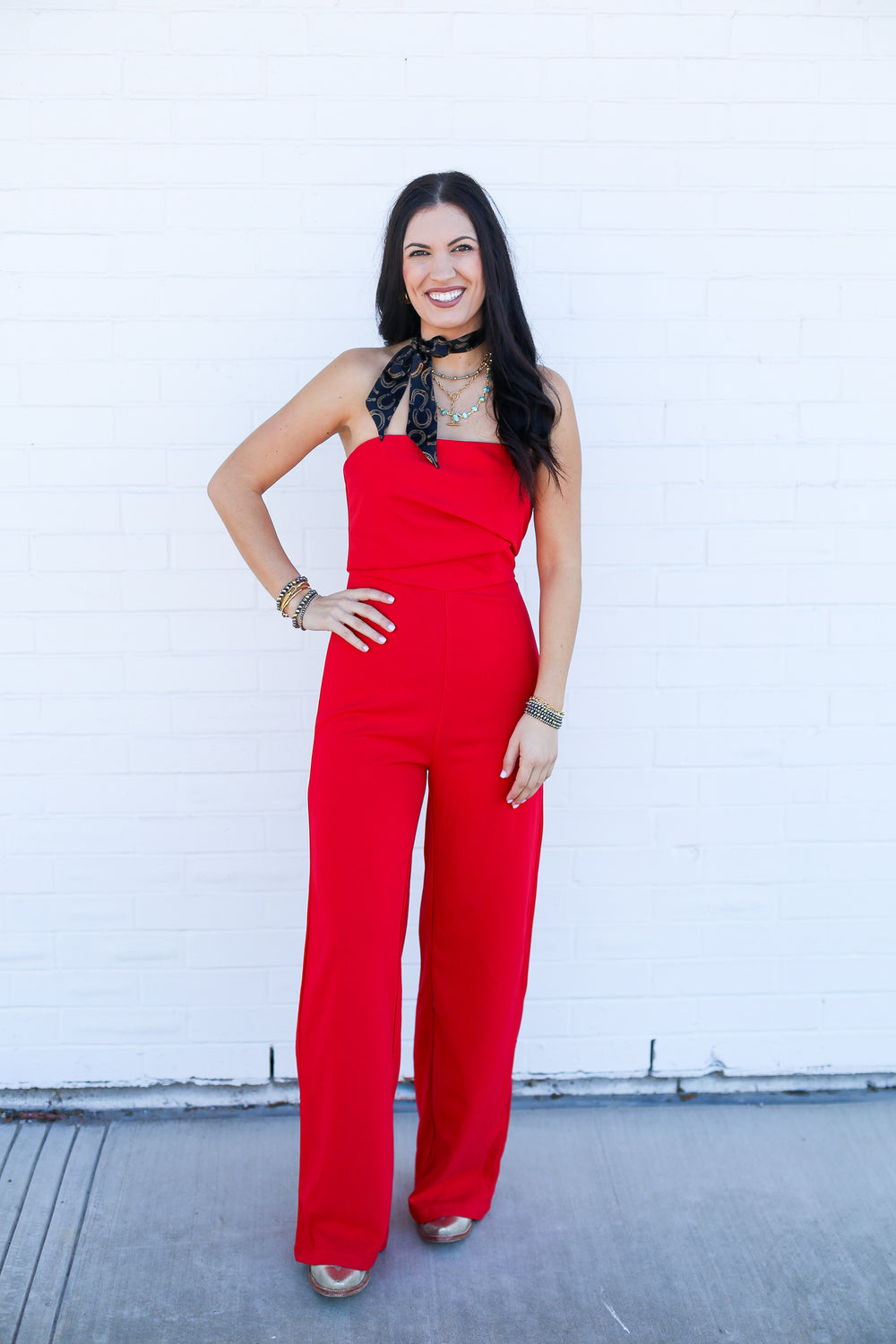 Red Strapless Pleated Jumpsuit