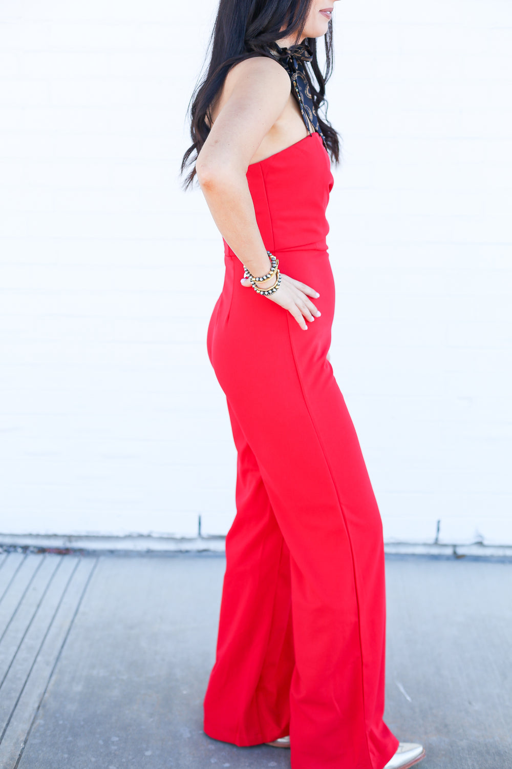 Red Strapless Pleated Jumpsuit