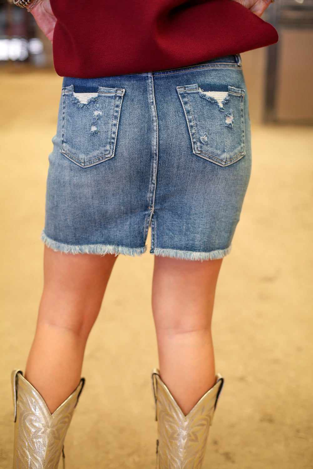 Risen Denim Mid Waist Pencil Skirt