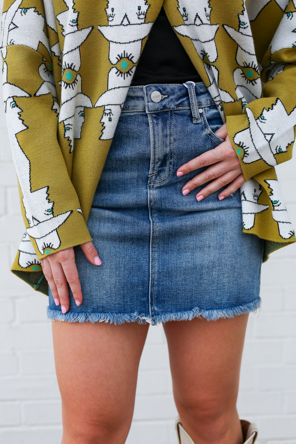 Risen Denim Mid Waist Pencil Skirt