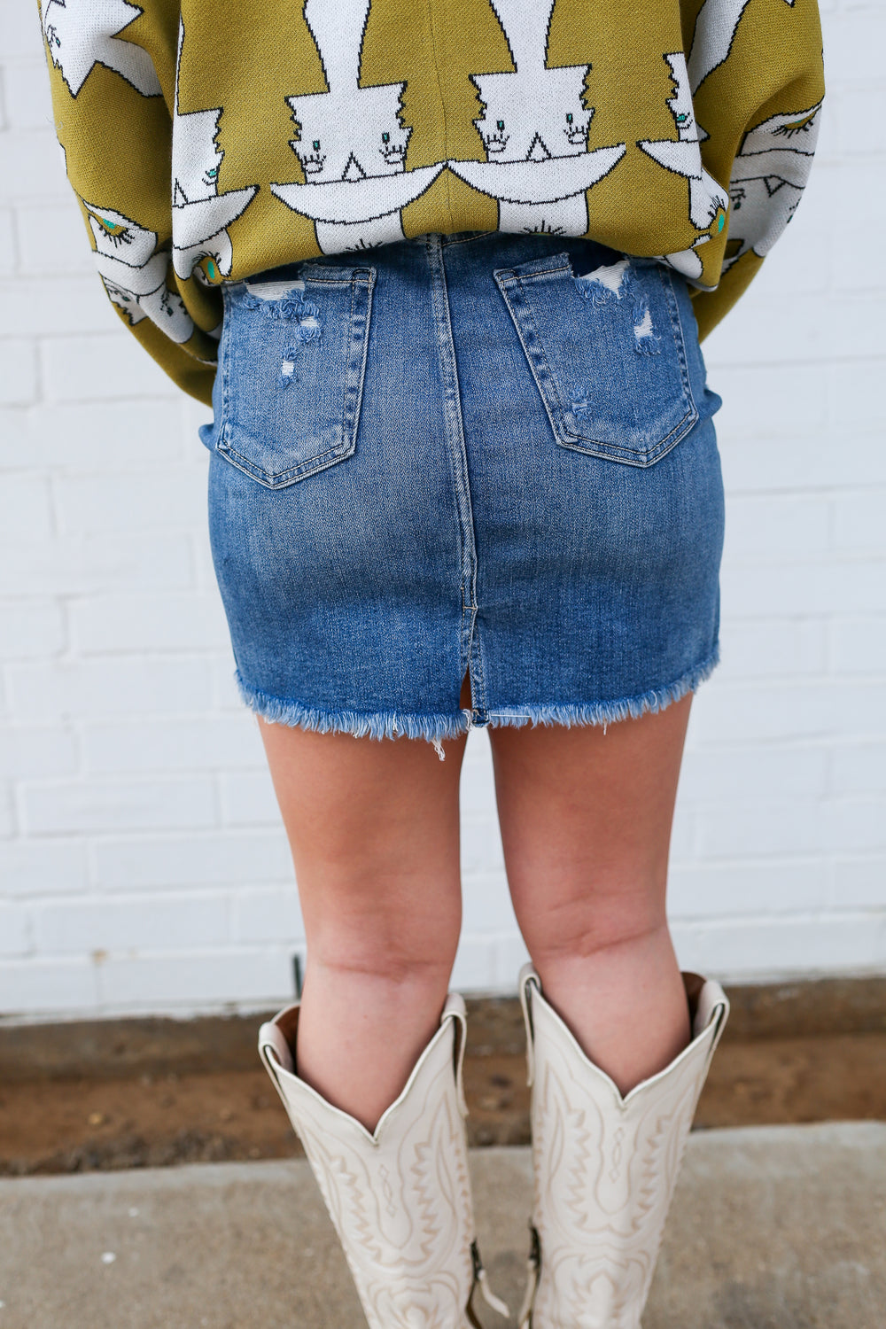 Risen Denim Mid Waist Pencil Skirt