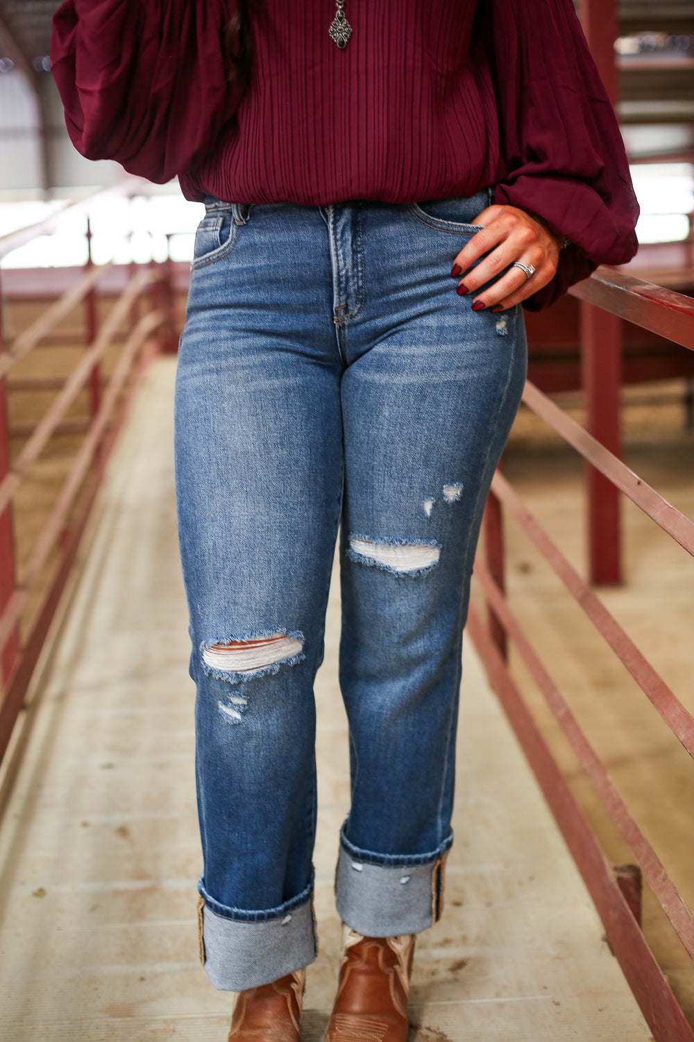 Risen High Rise Straight Leg Distressed Jeans