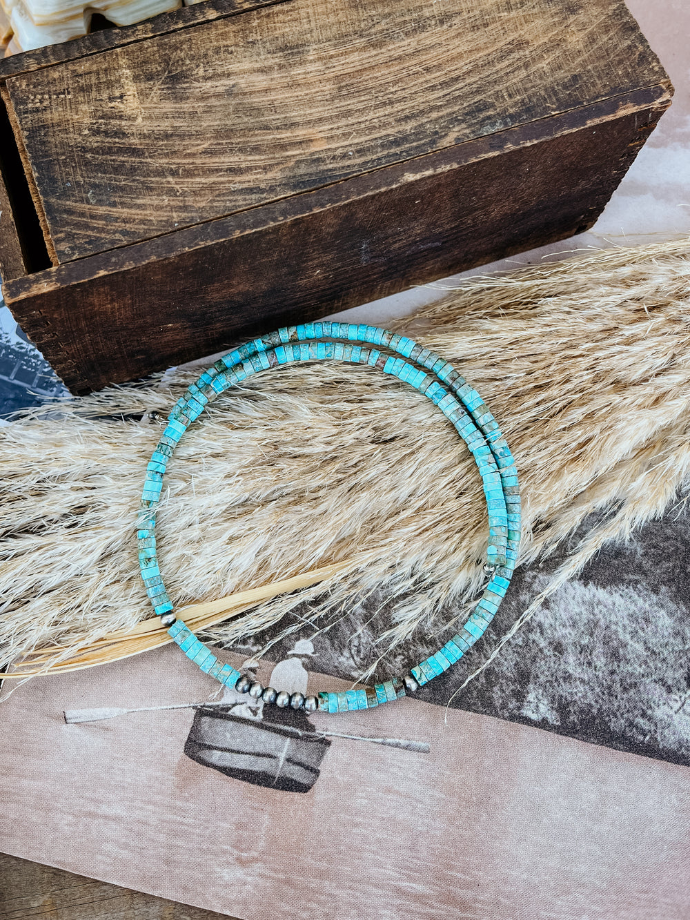 Rolled Turquoise Memory Wire Necklace with Navajo Pearls