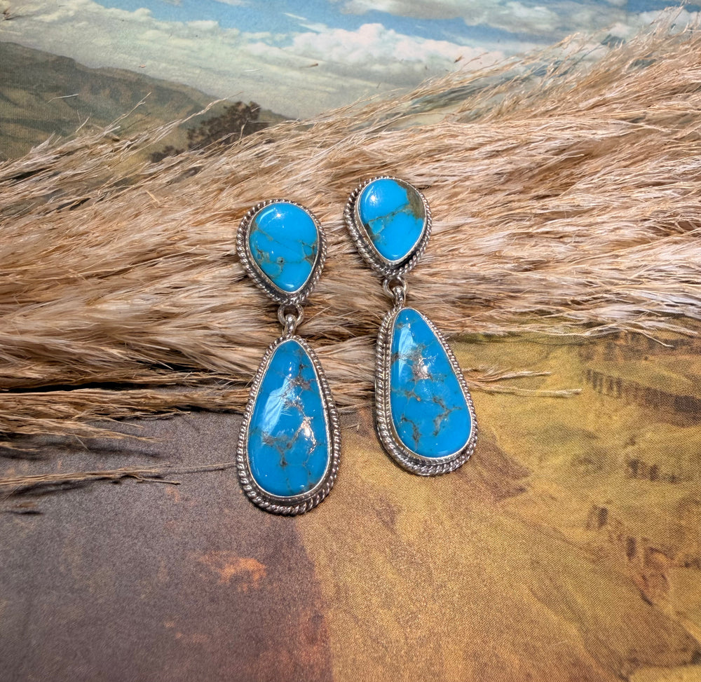 Roped Edge Double Kingman Teardrop Earrings