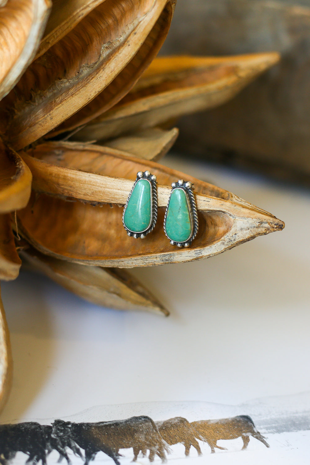 Roped Edge Rounded Turquosie Elongated Teardrop Earrings