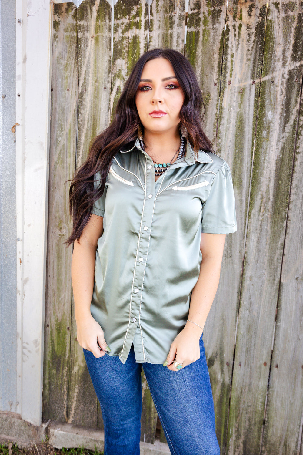 Sage Satin Short Sleeve Pearl Snap